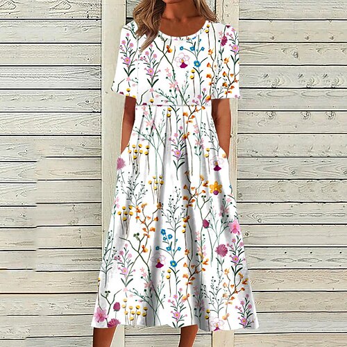 

robe longue Femme Robe Droite Manche Courte Printemps Eté - Casual Poche Imprimer Floral Col Ras du Cou Ample 2022 Blanche S M L XL XXL 3XL