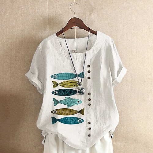 

Women's Blouse Fish Casual Daily Weekend Floral Blouse Shirt Short Sleeve Patchwork Round Neck Vintage Casual Cotton Green White Dark Gray M
