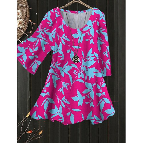 

Women's Plus Size Tops Blouse Shirt Leaf Print 3/4 Length Sleeve Crewneck Streetwear Daily Back to School Polyester Spring Summer Green Blue