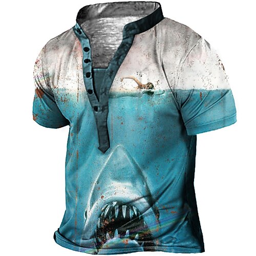 

Hombre Camiseta Henley Shirt Tee Graphic Tiburón Escote Chino Azul Piscina Amarillo Azul Real Impresión 3D Talla Grande Exterior Diario Manga Corta Abotonar Estampado Ropa Básico Design Casual Grande