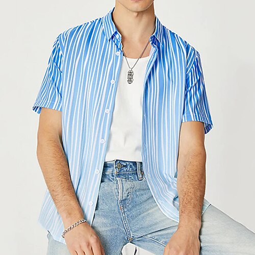 

Men's Shirt Print Striped Turndown Street Daily Button-Down Short Sleeve Tops Casual Fashion Breathable Comfortable Blue