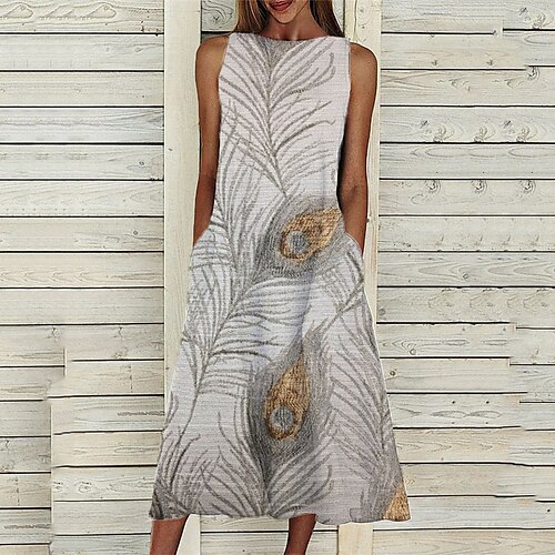 

Women's A Line Dress Midi Dress Gray Sleeveless Print Pocket Print Spring Summer Crew Neck Casual Vacation 2022 S M L XL XXL 3XL