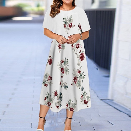 

Women's Plus Size Casual Dress Floral Crew Neck Print Short Sleeve Spring Fall Casual Maxi long Dress Causal Daily Dress