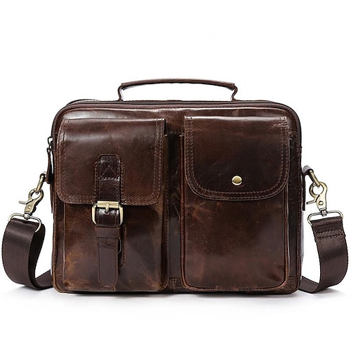 

Men's Sling Bags Briefcase Crossbody Bag Top Handle Bag Nappa Leather Cowhide Zipper Solid Color Daily Dark Coffee Coffee