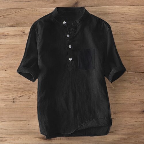 LINEN COTTON STAND COLLAR SHORT SLEEVE SHIRT