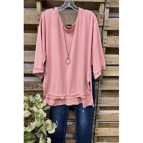 

ins hot-selling european and american women's autumn long-sleeved design brushed edge washed cotton and linen pullover