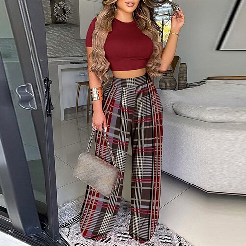 

Women's Loungewear Sets Nighty Grid / Plaid Heart Comfort Sweet Home Going out Cotton Blend Crew Neck Short Sleeve Pant Spring Summer Green Wine / Letter