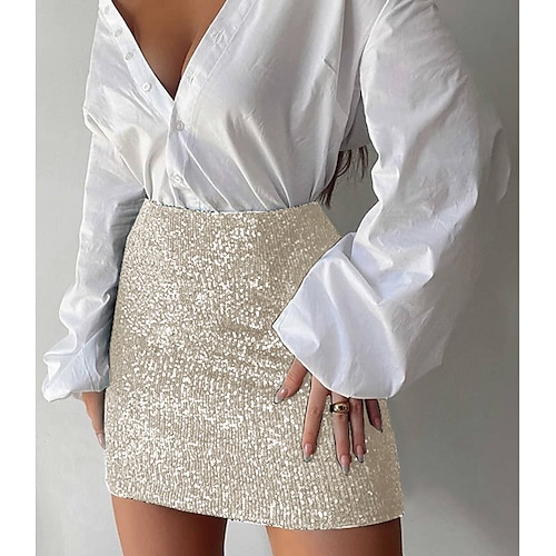 

Women's Skirt Bodycon Above Knee Polyester Sequin Beige Skirts Summer Sequins Fashion Club Weekend S M L