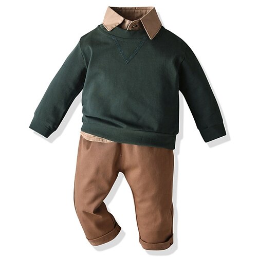 

3 Pieces Kids Boys PantsSet Clothing Set Outfit Solid Color Long Sleeve Cotton Set Outdoor Active Daily Winter Fall 1-5 Years Green Yellow