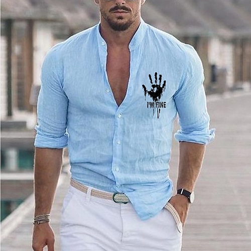 

Men's Shirt Graphic Hand Collar Army Green Light Blue White Black Hot Stamping Outdoor Street Long Sleeve Button-Down Print Clothing Apparel Fashion Designer Casual Big and Tall / Summer / Spring