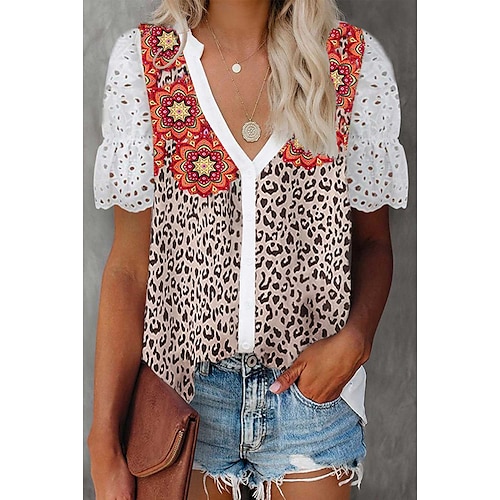 

Women's Leopard Daily Weekend Blouse Shirt Short Sleeve Button Print V Neck Casual Streetwear Tops Khaki S