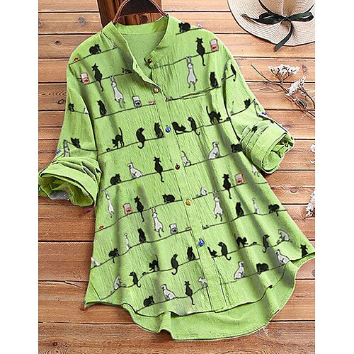 

Women's Blouse Shirt Green Blue Purple Animal Button Print Long Sleeve Daily Weekend Streetwear Casual Round Neck Regular M / 3D Print