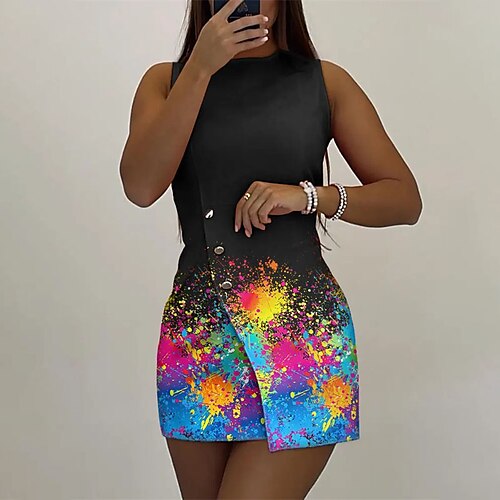 

Women's Casual Dress Bodycon Sheath Dress Mini Dress Black Sleeveless Tie Dye Button Spring Summer Crew Neck Weekend Slim 2022 S M L XL XXL 3XL