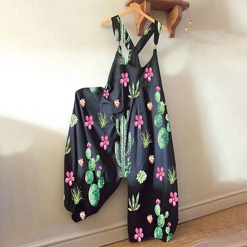

Women's Overall Print Floral Round Neck Casual Street Daily Wide Leg Regular Fit Sleeveless Green Blue Gray S M L Spring