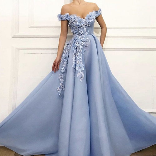 

A-Line Evening Dresses Floral Dress Quinceanera Floor Length Short Sleeve Off Shoulder Satin with Appliques Pure Color 2022 / Prom