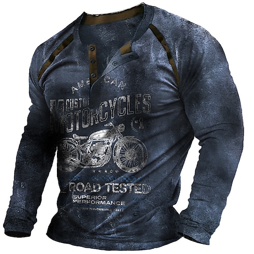 

Men's T shirt Tee Henley Shirt Graphic Motorcycle Henley Blue Dark Gray Brown Black 3D Print Street Casual Long Sleeve Button-Down Print Clothing Apparel Basic Fashion Designer Classic / Summer