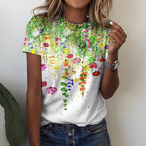 

Women's T shirt Tee Green Floral Print Short Sleeve Casual Holiday Basic Round Neck Regular Floral Painting S / 3D Print