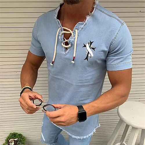 

Men's T shirt Shirt Solid Colored Cross V Neck Casual Daily Drawstring Tassel Short Sleeve Tops Casual Cool Slim Fit Black / Gray Navy Blue Light Blue