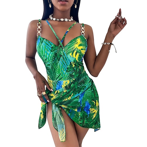 

Women's Swimwear One Piece 2 Piece Normal Swimsuit Backless Tummy Control Print Graphic Patterned Leopard Green Black Yellow V Wire Bathing Suits New Vacation Sexy / Modern / Cute / Spa / Leaf