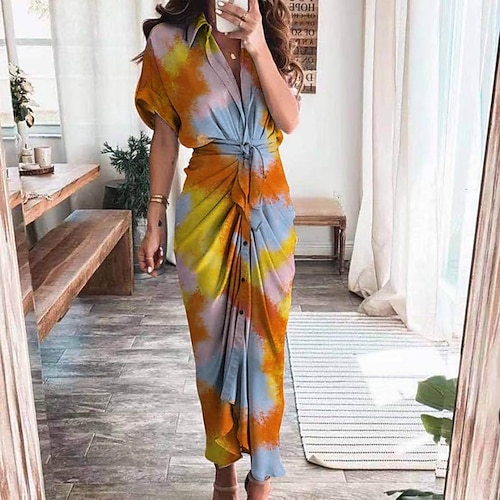 

Vestido camisero de mujer púrpura rosa naranja media manga tie dye fruncido primavera verano cuello camisero 2023 s m l xl xxl 3xl