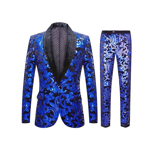 

Royal Blue Men's Halloween Party Tuxedos 2 Piece Shawl Collar Sequin Tailored Fit Single Breasted One-button 2022