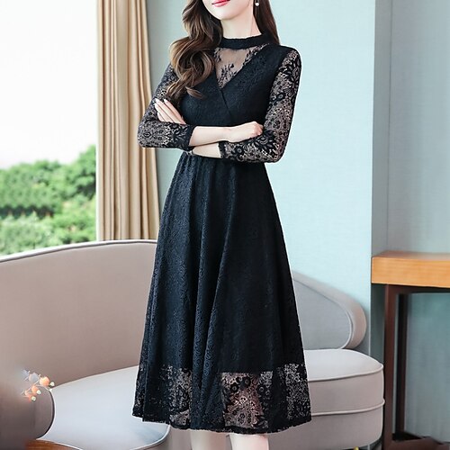 

Women's Party Dress Lace Dress Green Black Wine Long Sleeve Pure Color Lace Winter Fall Autumn High Neck Winter Dress Weekend Fall Dress 2022 M L XL XXL 3XL