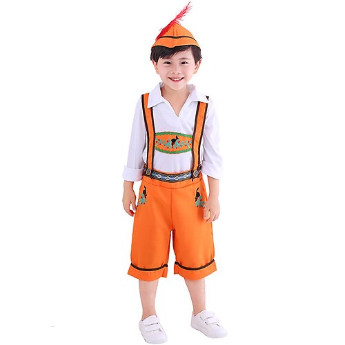 

Oktoberfest Beer International Beer Festival Lederhosen Boys Top Shorts Hat Bavarian Costume Orange and White