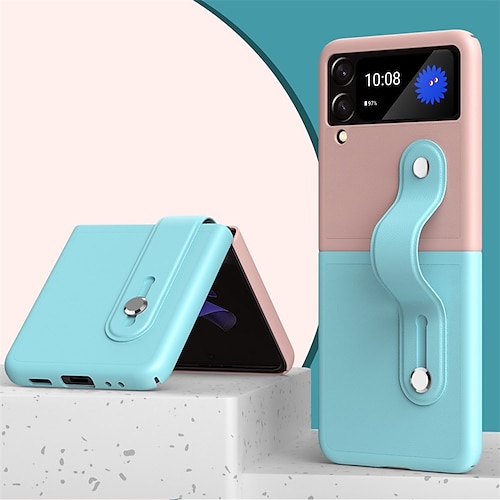 

Phone Case For Samsung Galaxy Back Cover Leather Z Flip 3 Portable with Stand with Wrist Strap Solid Colored PC Metal