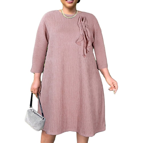 

Women's Plus Size Casual Dress Solid Color Crew Neck Ruffle 3/4 Length Sleeve Spring Fall Casual Short Mini Dress Daily Holiday Dress