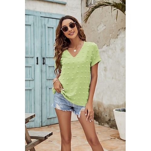 

Women's Blouse Shirt Green Blue Purple Plain Short Sleeve Daily Weekend Streetwear Casual V Neck Regular S