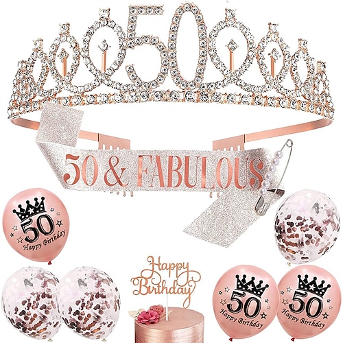 

50-års fødselsdagskrone & bursdag jente sash sett, rhinestone tiaraer og kroner for kvinner jenter gull tiara bursdag gull sash prinsesse tiaras dronning kroner for bursdagsfest fotoshoot