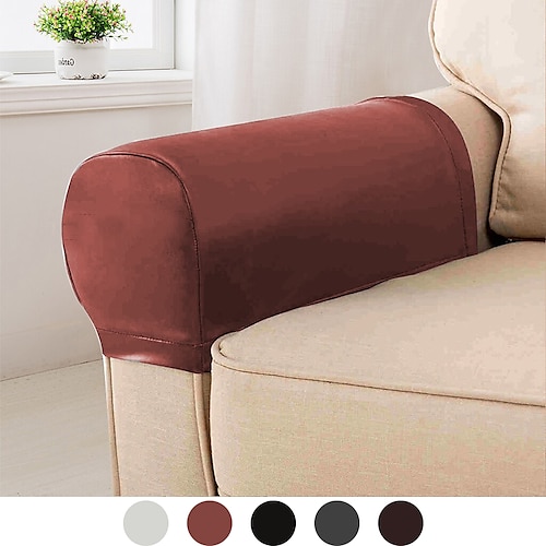 

2 Pcs Water Repellent PU Leather Sofa Armrest Covers Stretch Spandex Arm Covers for Chairs Sectional Couch Armchair Loveseat 4 or 3 seater L shape Washable Removerable Soft