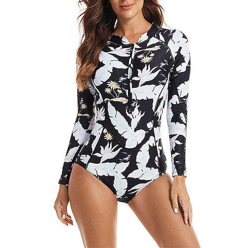 

Women's Rash Guard One Piece Swimsuit UV Sun Protection UPF50 Breathable Long Sleeve Bodysuit Bathing Suit Front Zip Swimming Surfing Beach Water Sports Floral Autumn / Fall Spring Summer