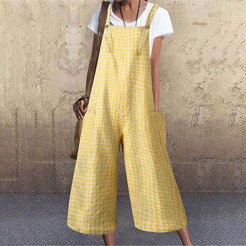 

Women's Overall Pocket Print Plaid Square Neck Streetwear Street Daily Regular Fit Sleeveless Blue Yellow Black S M L Spring