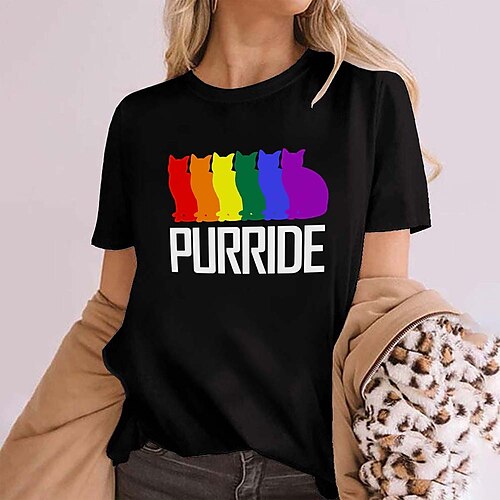 

Women's Casual Weekend Cat Painting T shirt Tee Rainbow Cat Text Short Sleeve Print Round Neck Basic Tops Green White Black S