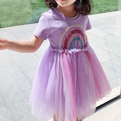 

Girls' A Line Dress Tulle Dress Short Sleeve Color Block Rainbow 3D Printed Graphic Dresses Cute Beautiful Knee-length Cotton Dress Summer Spring Kids Daily Regular Fit Mesh Print