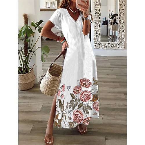

Women's Shift Dress Maxi long Dress White Short Sleeve Floral Split Print Spring Summer V Neck Casual Vacation 2022 S M L XL XXL 3XL