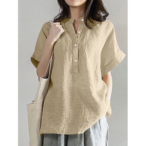 

Women's Plain Daily Weekend Blouse Shirt Short Sleeve Button V Neck Casual Streetwear Tops Gray Purple Khaki S / Long Sleeve