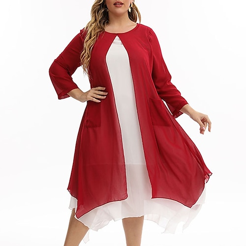 

Women's Plus Size Two Piece Dress Color Block Crew Neck 3/4 Length Sleeve Spring Fall Work Midi Dress Daily Holiday Dress