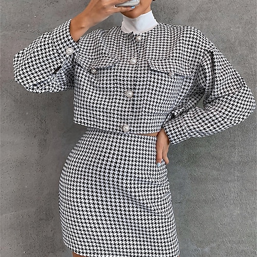 

Mulheres Vestido de trabalho Conjunto de vestido Minivestido Preto Manga Longa Houndstooth Bolsos Primavera Verão Gola Redonda Ativo Escritório 2023 S M L XL