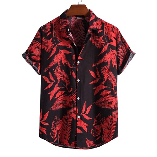 

Men's Shirt Graphic Shirt Leaves Turndown Black / Red Print Outdoor Street Short Sleeve Patchwork Button-Down Clothing Apparel Fashion Designer Casual Breathable / Summer / Spring / Summer