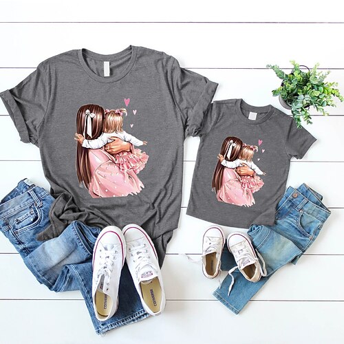 

Mommy and Me T shirt Tops Graphic Cartoon Heart Daily Print Blue Pink Dark Gray Short Sleeve Cute Matching Outfits / Spring / Summer