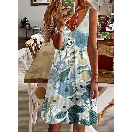 

Women's Shift Dress Short Mini Dress Blue Sleeveless Floral Print Spring Summer Spaghetti Strap Casual Vacation 2022 S M L XL XXL 3XL