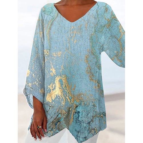 

Women's Blouse Shirt Blue Graphic Abstract Asymmetric Print Long Sleeve Holiday Weekend Casual Beach V Neck Long S / 3D Print