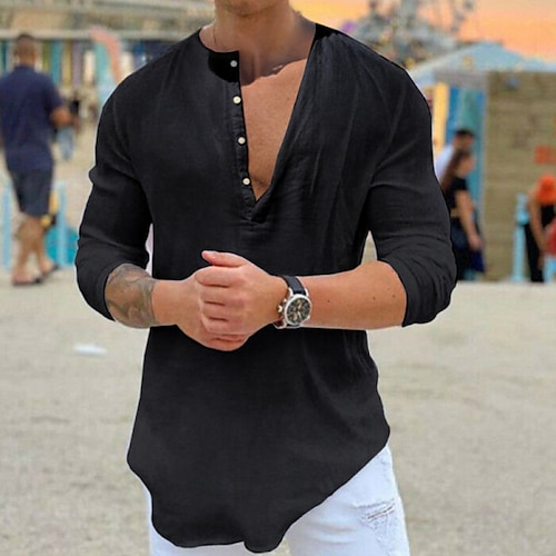 

Men's Linen Shirt Shirt Summer Shirt Beach Shirt Collar Summer Spring Long Sleeve Black White Blue Solid Color Outdoor Street Clothing Apparel Button-Down