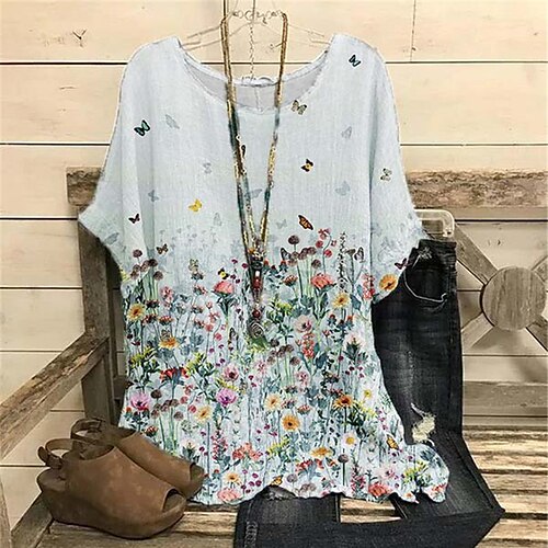 

Women's Plus Size Tops Blouse Shirt Floral Print Half Sleeve Crewneck Streetwear Daily Sports Cotton Spandex Jersey Spring Summer Gray