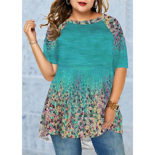 

Women's Plus Size Tops T shirt Tee Color Gradient Print Half Sleeve Crewneck Streetwear Daily Going out Polyester Spring Summer Green Blue