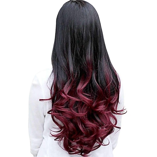 

Peluca de pelo completo de tres cuartos de color ombre degradado ondulado largo y rizado para mujer - rojo vino giveyoulucky