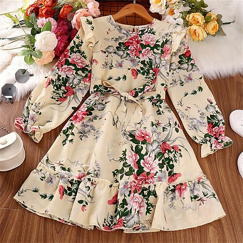 

Kids Girls' Dress Graphic A Line Dress Midi Dress Daily Print Long Sleeve Cute Dress 4-12 Years Spring Beige