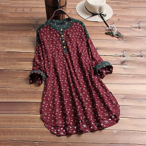 

Women's Plus Size Tops Blouse Shirt Floral Graphic Button Print Long Sleeve Standing Collar Streetwear Daily Going out Cotton Fall Spring Wine Dark Green